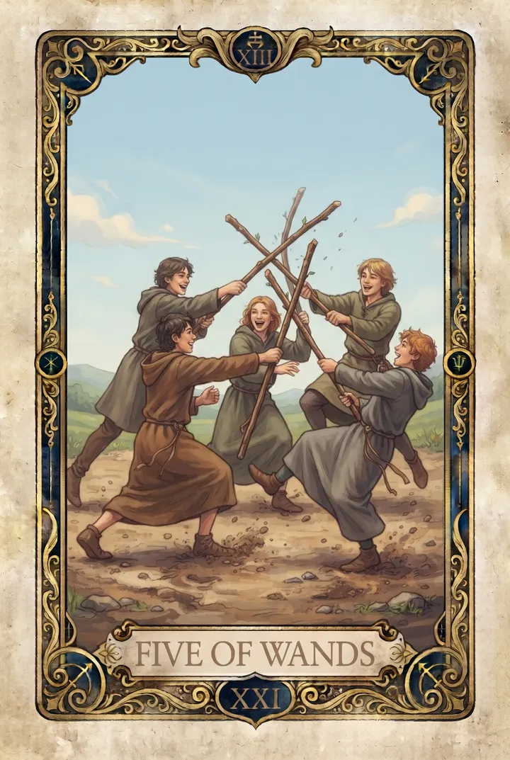 חמש שרביטים, Five of Wands